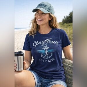 Life Is Good Womens Blue Tshirt Sz S Short Sleeve Tee Nautical Anchor Print